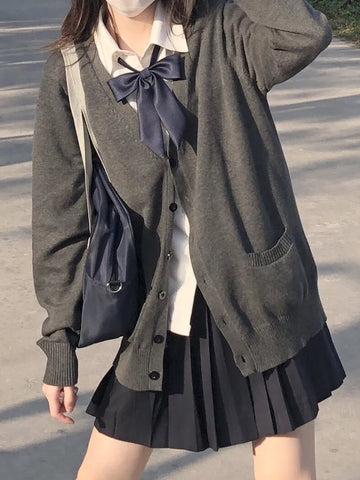 Getadme-Preppy Style Knitted Cardigan Women Harajuku Vintage V-neck Oversized Sweater Sweet Casual Long Sleeve Tops Japanese JK